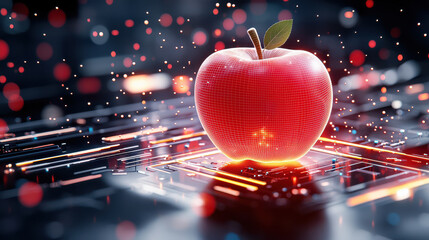 Aufkleber - digital model of red apple surrounded by glowing technology elements, symbolizing innovation and creativity. vibrant colors and futuristic design evoke sense of modernity and advancement