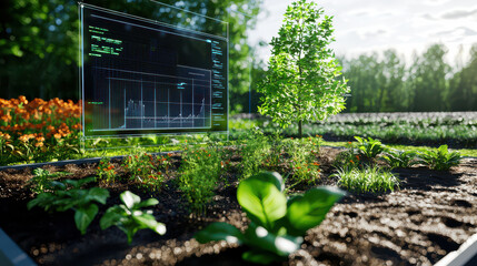 Poster - digital model of ecosystem integrated with technology showcases plants and data visualization. This innovative approach highlights synergy between nature and technology