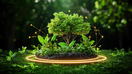 Poster - digital model of ecosystem integrated with technology, showcasing vibrant tree surrounded by lush greenery and glowing connections, symbolizing harmony between nature and innovation