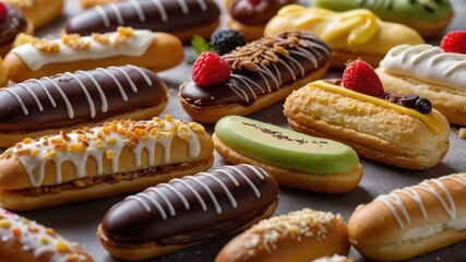 Wall Mural - A colorful assortment of eclairs and pastries displayed on a surface.