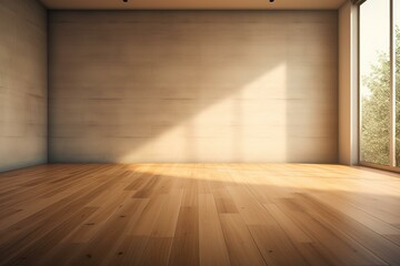 Sunlight illuminating empty room with wooden floor and wall