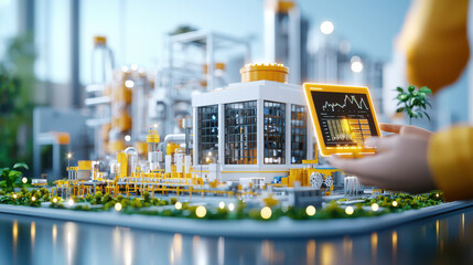Fototapete - digital model of industrial factory with integrated technology, showcasing modern design and vibrant colors. scene highlights innovation and efficiency in manufacturing