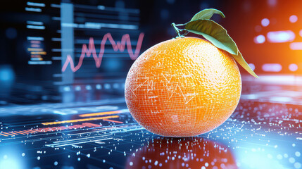 Aufkleber - digital model of orange with futuristic technology elements, showcasing data visualization and vibrant colors. This blends nature and technology seamlessly