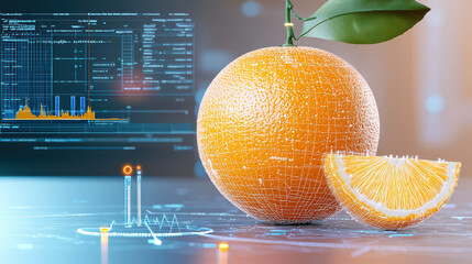 Aufkleber - digital model of orange with futuristic analysis and data visualization, showcasing vibrant colors and intricate details. orange is partially sliced, revealing its juicy interior