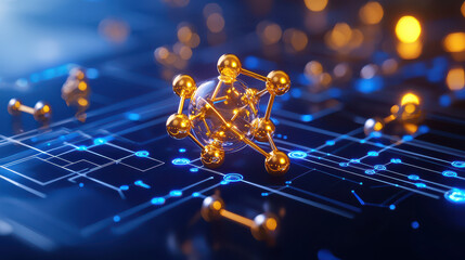Aufkleber - digital model of chemical elements with glowing atoms and circuit patterns, showcasing integration of technology and science in futuristic setting