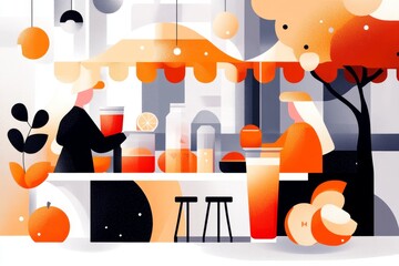 Poster - A simple flat illustration of Dolac Market stalls, with bright tones and clean shapes on a blank canvas