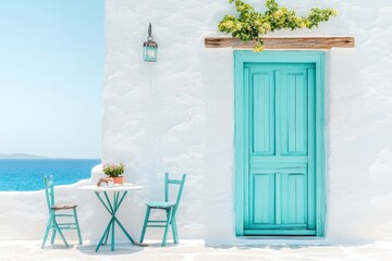 Aufkleber - A simple geometric representation of a Greek taverna overlooking the sea, with clean lines and soft pastel colors