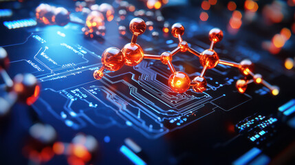 Aufkleber - digital model of element based compounds integrated with technology, showcasing vibrant molecular structures against circuit board background