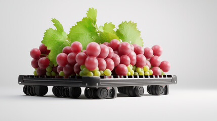 Poster - Fresh grapes on black pallet with green leaves, showcasing vibrant colors and textures, perfect for illustrating grape harvesting technology and agricultural innovation