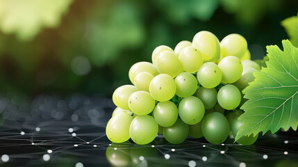 Poster - Fresh green grapes on dark surface with digital network background, showcasing market trends in agriculture. vibrant color and detail highlight fruit appeal