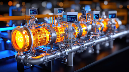Leinwandbilder - digital model of liquid flow dynamics showcasing advanced piping systems with glowing elements and integrated monitoring displays, illustrating modern engineering concepts