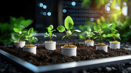 Poster - Digital model of tree planting enhanced with technology, showcasing small plants in pots on soil. scene reflects innovation in agriculture and sustainability