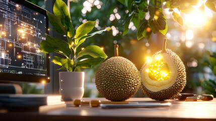 Poster - digital rendering of durians next to computer, showcasing technology and nature. scene is illuminated by warm sunlight, creating vibrant atmosphere