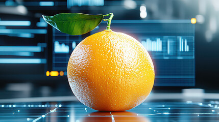 Aufkleber - digital rendering of orange with green leaf, set against futuristic technology background. image conveys blend of nature and innovation, highlighting fruit vibrant color