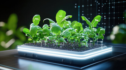 Aufkleber - digital representation of nursery with real time data monitoring plants. vibrant green leaves thrive in high tech environment, showcasing modern agricultural technology