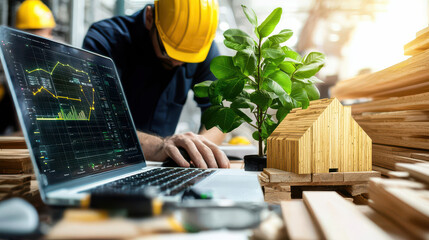 Leinwandbilder - digital representation of timber factory with laptop, plant, and wooden house model, showcasing modern construction and sustainability