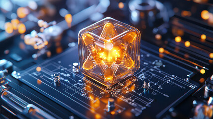 Poster - digital representation of glowing geometric shape on circuit board, showcasing advanced technology and innovation. vibrant colors and intricate details evoke sense of futuristic design