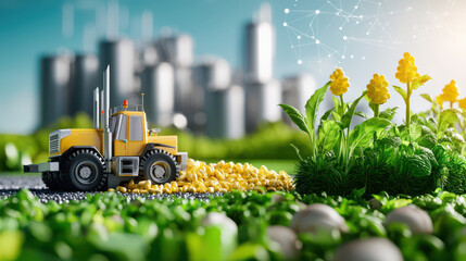 Aufkleber - yellow tractor harvesting corn in vibrant field with digital elements, symbolizing modern agriculture and technology integration
