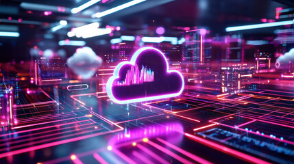 Leinwandbilder - vibrant digital rendering of cloud symbol surrounded by neon lights and data streams, representing modern technology and cloud computing