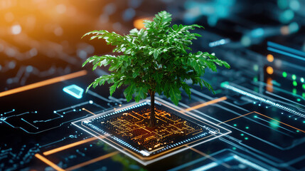 Fototapete - small tree thriving on sleek tech infused platform, symbolizing harmony between nature and technology. This captures innovation and growth in digital landscape