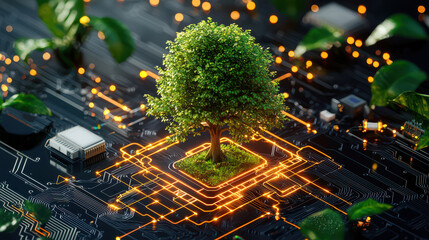 Aufkleber - small vibrant tree surrounded by technological elements, symbolizing harmony between nature and technology. scene is illuminated with glowing circuits and green leaves, creating striking contrast