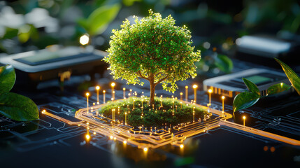 Poster - small vibrant tree surrounded by technological elements, symbolizing fusion of nature and technology. glowing circuit board highlights connection between two worlds