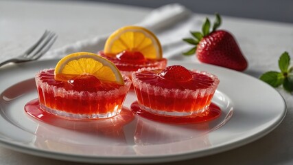 Wall Mural - Colorful gelatin desserts topped with lemon slices and strawberries on a white plate.