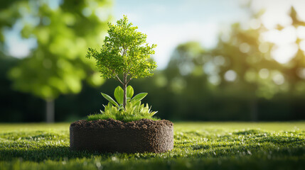 Aufkleber - small scale model of tree carbon sequestration showcasing young tree surrounded by green plants on grassy field, symbolizing environmental sustainability and growth
