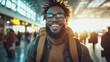 © svastix - A vibrant young man with glasses joyfully poses in an airport setting, embodying a sense of adventure and connection with the bustling travel atmosphere around him.