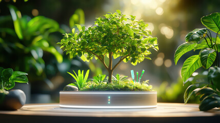 Aufkleber - tech infused botanical scene featuring mini tree surrounded by lush greenery and modern design elements, creating serene and innovative atmosphere