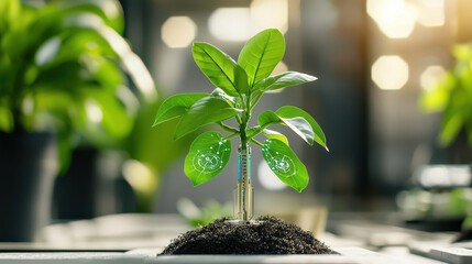 Poster - tech infused botanical scene featuring mini tree with digital elements, symbolizing innovation in plant care and growth. vibrant green leaves contrast beautifully with soil