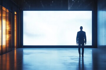 Walking businessman by blank white illuminated screens with place for your logo or text with glossy floor on dark empty room background, mock up