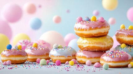 Poster - Whimsical scene of mini donuts with colorful glazes and sprinkles, surrounded by pastel colored balls, creating joyful and festive atmosphere