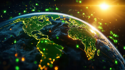 Fototapete - vibrant view of Earth illuminated by city lights, showcasing connected world through technology and critical thinking. image captures beauty of our planet from space
