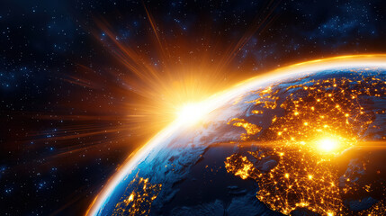 Poster - stunning view of Earth from space, showcasing sunrise illuminating planet surface with vibrant lights. image captures beauty of our world connected by technology