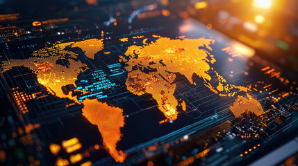 Aufkleber - world map illuminated by technology, showcasing vibrant orange lights and digital data, representing global connectivity and innovation