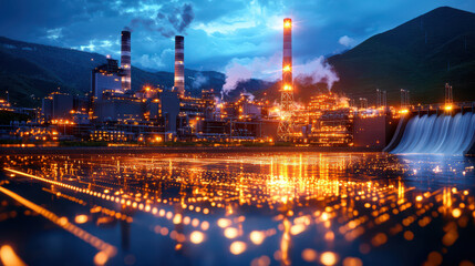 Aufkleber - advanced energy ecosystem at night featuring coal plant, illuminated by glowing lights reflecting on water. scene captures industrial beauty and innovation