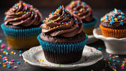 Wall Mural - A close-up of delicious chocolate cupcakes topped with frosting and colorful sprinkles.