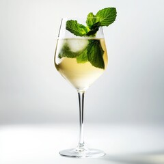 Wall Mural - An elegant elderflower spritz with mint leaves, presented on an isolated white background, chiaroscuro art style