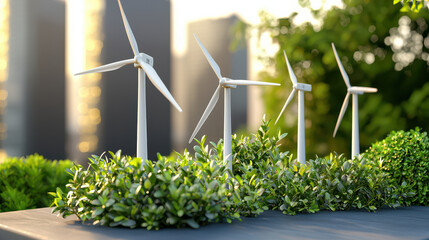 Aufkleber - Sustainable mini wind turbines surrounded by greenery in urban setting, showcasing eco friendly energy solutions. scene reflects innovation and environmental consciousness