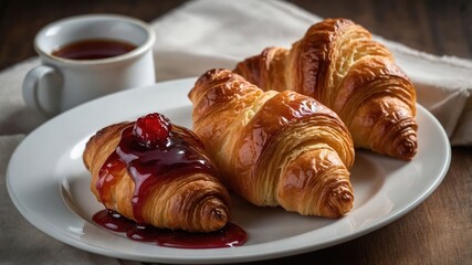 Wall Mural - A plate of croissants with jam and a cup of coffee, perfect for breakfast or snack time.