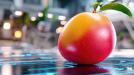 Aufkleber - vibrant, ultra realistic digital model of ripe mango with droplets of water, showcasing its rich colors and texture in modern setting
