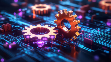 Poster - Interconnected gears symbolize automation and technology, set against vibrant circuit board background. This captures essence of modern engineering and innovation