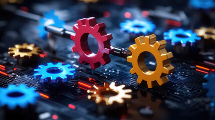 Leinwandbilder - Interconnected gears vibrant colors symbolize automation and technology. image showcases blend of red, blue, and orange gears dark circuit board background, representing innovation and efficiency