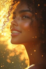 Wall Mural - Beautiful woman with curly hair smiles in warm golden sunlight creating a magical atmosphere during sunset