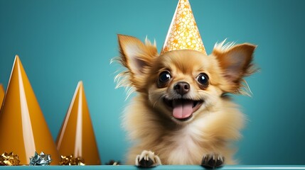 Cute dog wearing a red party hat and blow-out, celebrating against a blue background with empty copy space to the side.