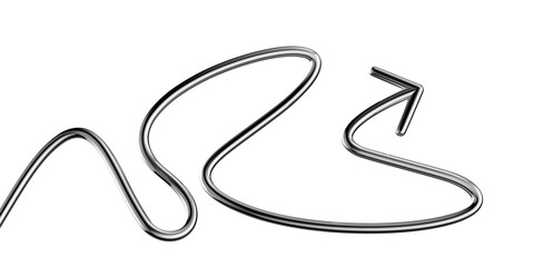 Wall Mural - metallic wriggling arrow 3d shape isolated. futuristic chrome squiggle line arrow banner, abstract t