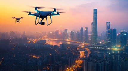 Canvas Print - Two drones fly over a cityscape at sunrise. Urban aerial view of a modern city with illuminated buildings, roads, and a river.