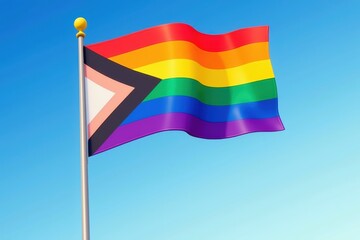 Vibrant Pride Flag Waving Against a Clear Blue Sky on a Sunny Day, Celebrating LGBTQ+ Rights and Diversity with a Colorful Symbol of Inclusion