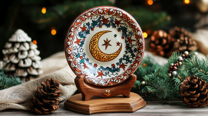 Wall Mural - A hand-painted ceramic plate with crescent and star designs, displayed on a wooden stand with decorative beads around it